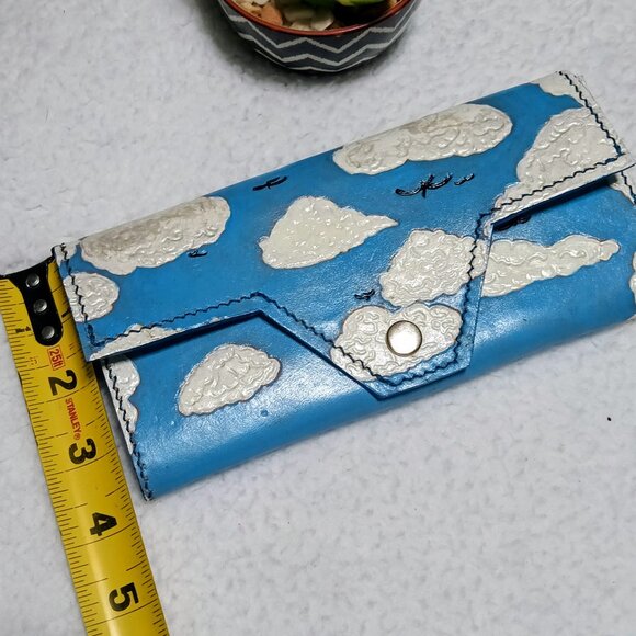 Hand Painted "Clouds&Birds In The Sky" Long Wallet Blue/White/Black - Picture 5 of 12